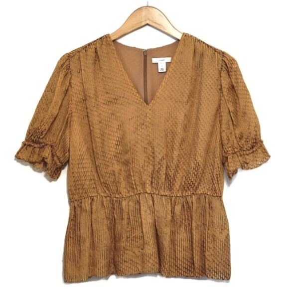 Lewit Silk V Neck Short Sleeve Tan Gold Peplum Blouse Size S - Picture 2 of 13